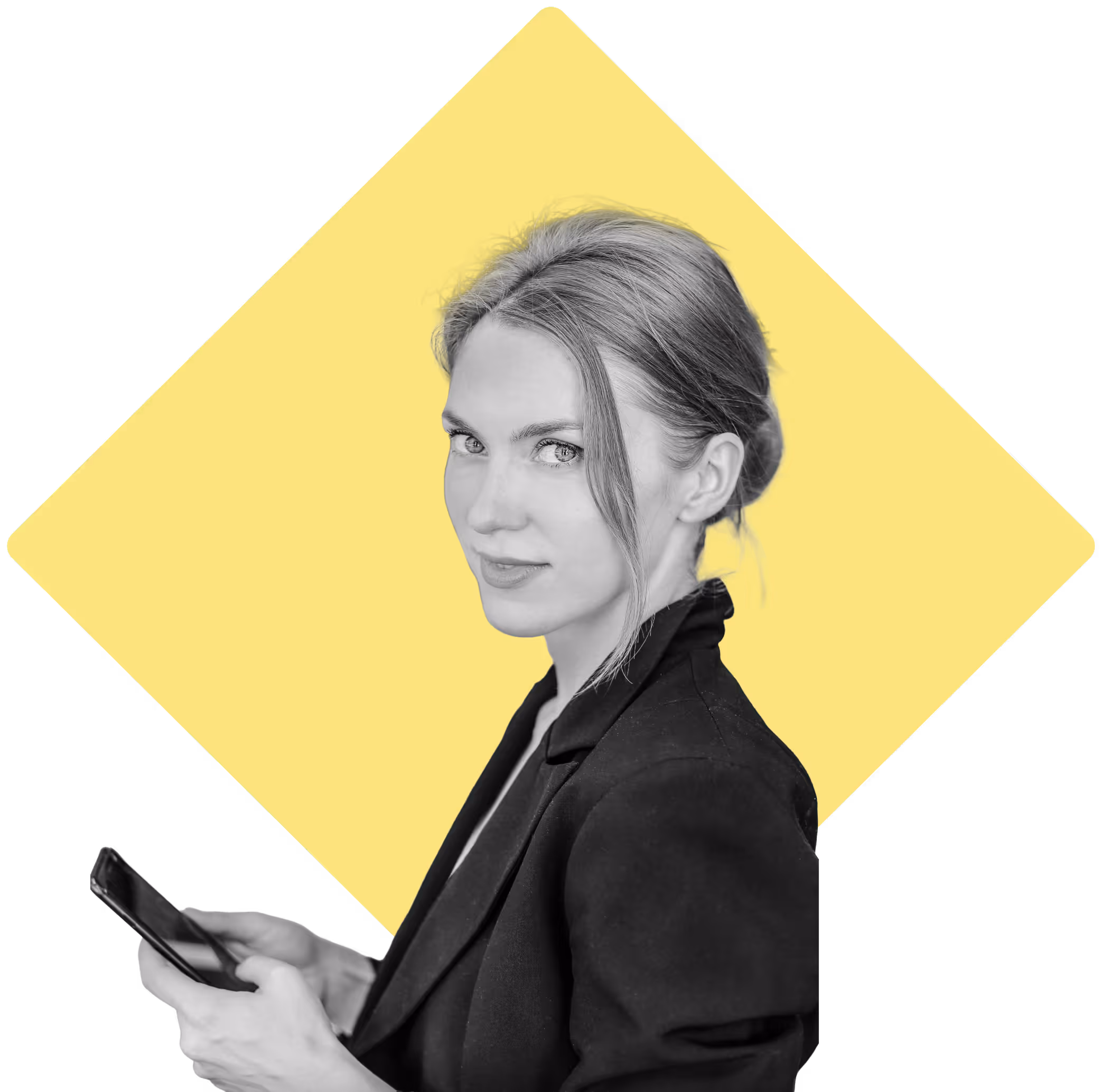 Woman looking at the camera, holding a mobile phone