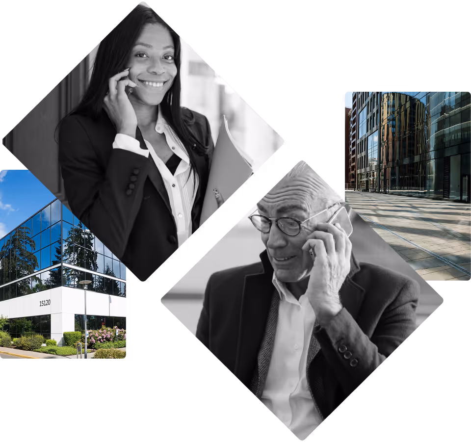 Corporate workers talking to each other on the phone between offices