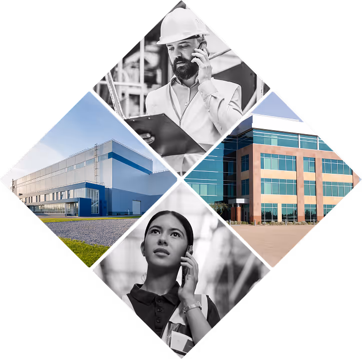 Man an woman in manufacturing talking on the phone, with two different manufacturing buildings imposed